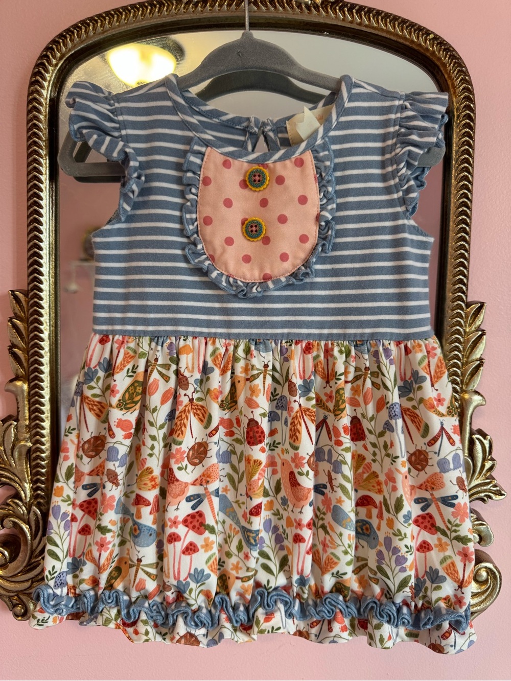 Blue Stripe & Floral Ruffle Toddler Dress with Pink Bib Marie Nicole Clothing